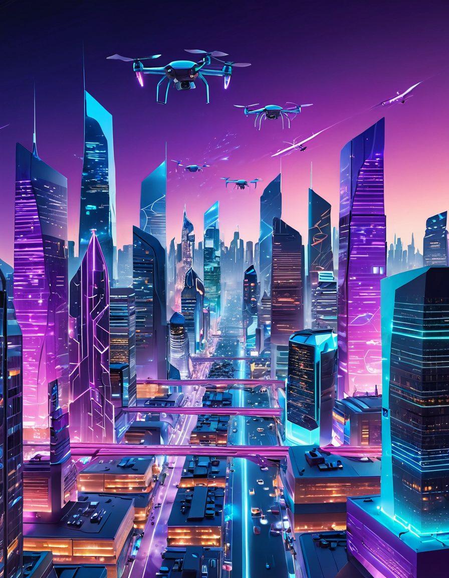 A futuristic city skyline with advanced buildings integrated with digital technology, showcasing drones and autonomous vehicles navigating the streets. Include vibrant holograms representing various digital services and a network of glowing data lines connecting everything. The sky should be a gradient of deep blues and purples, suggesting a cybernetic atmosphere. super-realistic. vibrant colors. 3D.