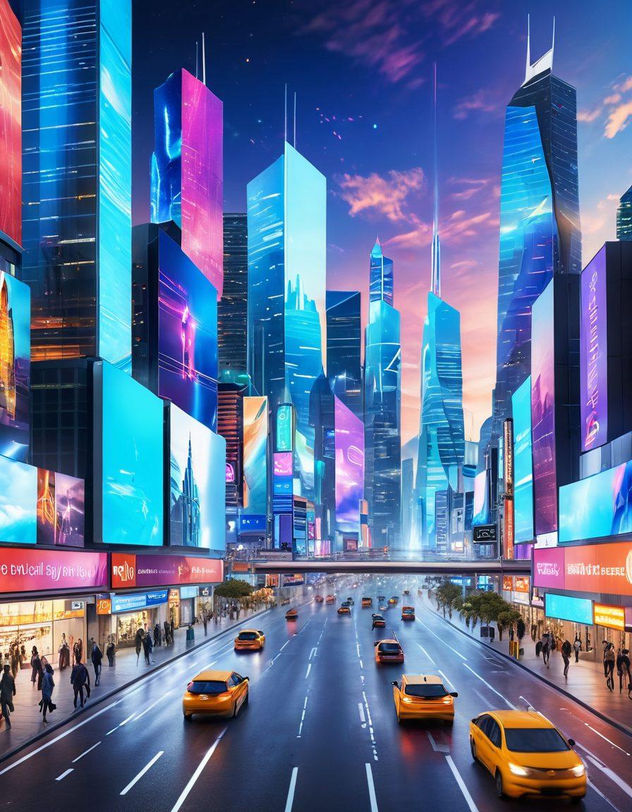 A futuristic city skyline showcasing advanced digital connectivity, with vibrant holographic advertisements and people using various e-commerce technologies like drones and mobile apps. The image should capture a bustling atmosphere, emphasizing innovation and modern lifestyle. Include elements like smart buildings and digital billboards to represent progress. super-realistic. vibrant colors. 3D.