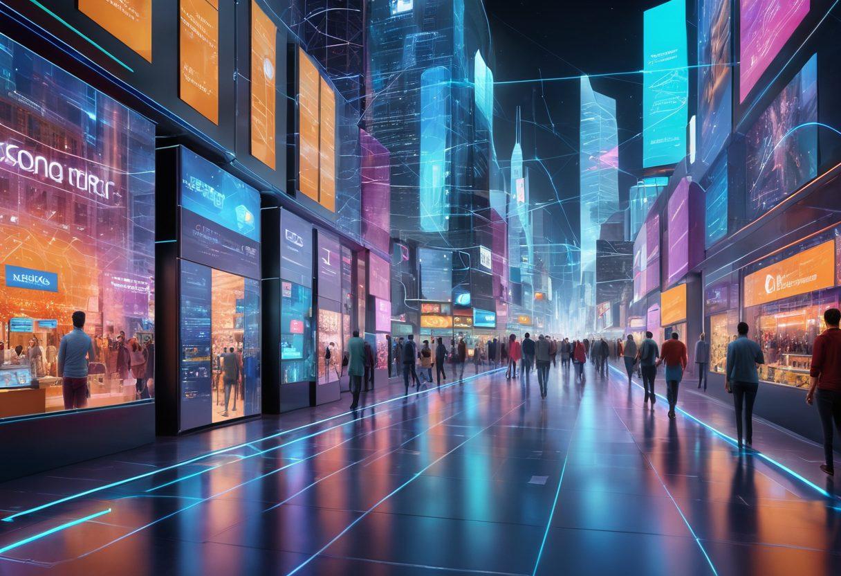A futuristic cityscape showcasing advanced e-commerce technologies, with holographic displays and digital storefronts bustling with activity. Include diverse people interacting with smart devices while vibrant network lines connect them all in a web of communication. The atmosphere is dynamic, illustrating the synergy between modern networking solutions and e-commerce. super-realistic. vibrant colors. 3D.